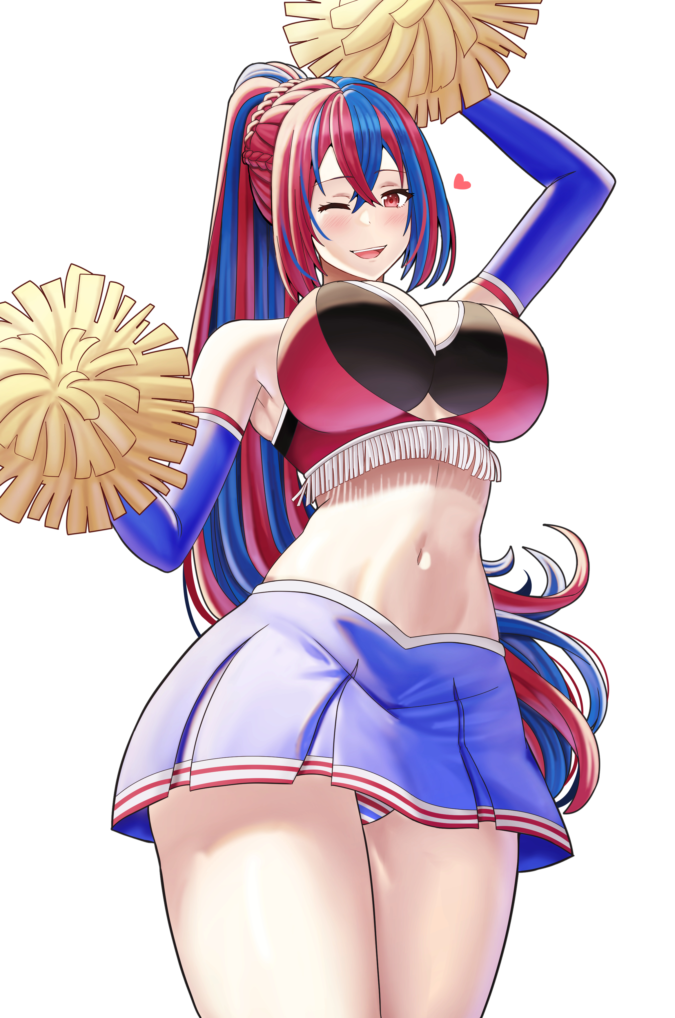 :d, 1girls, absurd res, absurdres, alear (fire emblem), alear (fire emblem) (female), alternate costume, alternate hairstyle, below view, blue gloves, blue hair, blue skirt, braid, breasts, cheerleader, cheerleader uniform, cleavage, commission, cowboy shot, crown braid, elbow gloves, female, female only, fire emblem, fire emblem engage, fully clothed, gloves, hair between eyes, heart, hi res, highres, holding, holding pom poms, large breasts, long hair, looking at viewer, multicolored hair, navel, official alternate hairstyle, one eye closed, open mouth, panties, pantyshot, pantyshot (standing), pom pom (cheerleading), pom poms, ponytail, red eyes, red hair, revealing clothes, saikunartworks, simple background, skirt, smile, solo, split-color hair, striped, striped panties, underwear, upskirt, very long hair, white background