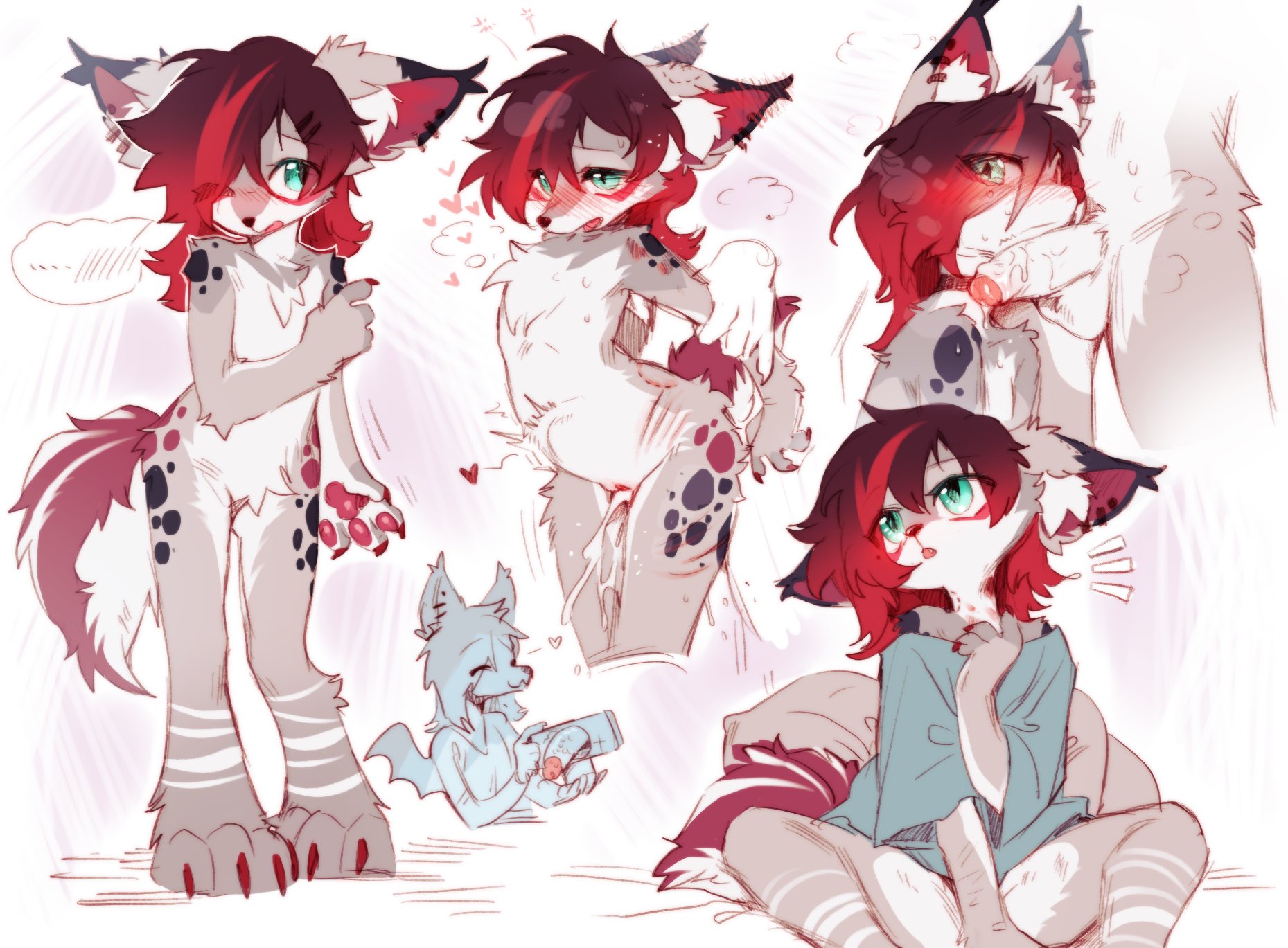 4 fingers, animal genitalia, anthro, anthro penetrated, beige fur, black spots, blue shirt, cum in pussy, dark hair, dildo, ear piercing, earrings, female, fur, furry, multicolored fur, multicolored hair, oral, original character, pawpads, paws, pussy, red claws, red hair, sex toy, stomach bulge, swaybat, tagme, turquoise eyes, unknown character, vaginal penetration, white fur, white stripes