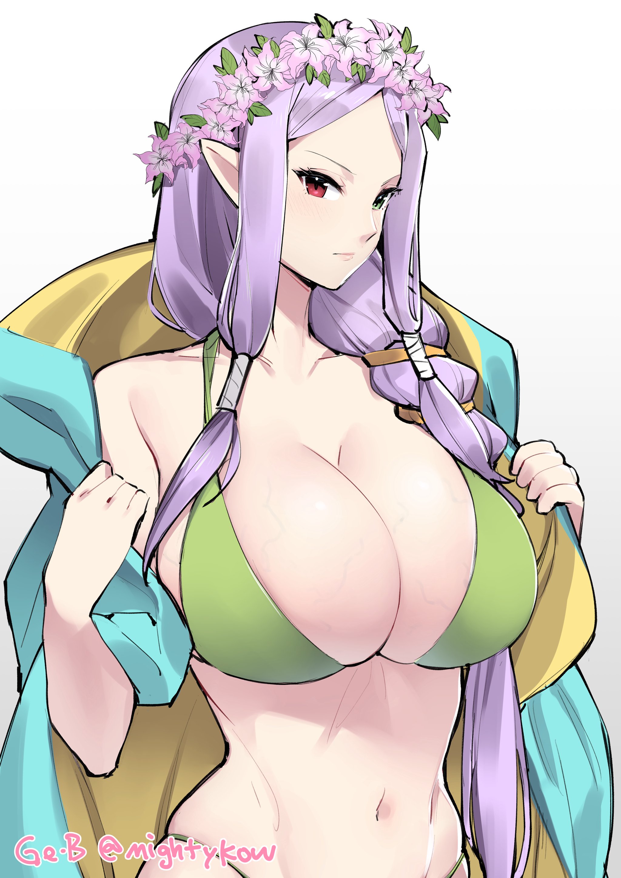 1girls, absurdres, alternate costume, alternate hairstyle, artist name, bikini, braid, breasts, bursting breasts, cloak, closed mouth, collarbone, dragon girl, female, female only, fire emblem, fire emblem heroes, fire emblem: the binding blade, ge-b, gebyy-terar, green bikini, green eyes, head wreath, heterochromia, highres, huge breasts, idunn (fire emblem), linea alba, long hair, looking at viewer, mature female, navel, nintendo, official alternate costume, official alternate hairstyle, pointy ears, purple hair, red eyes, sidelocks, skindentation, solo, stomach, string bikini, swimsuit, twitter username, upper body, white background