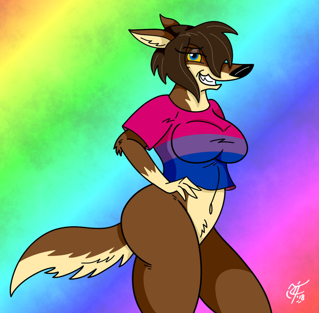 anthro ass big_butt blue_eyes breasts brown_body brown_fur canid canine canis clothed clothing digital_media_(artwork) female fur hair half-closed_eyes looking_at_viewer lucy_lupa mammal narrowed_eyes nipples pinup pose pride_color_clothing pride_colors simple_background smile solo thick_thighs unclescooter wolf yellow_sclera