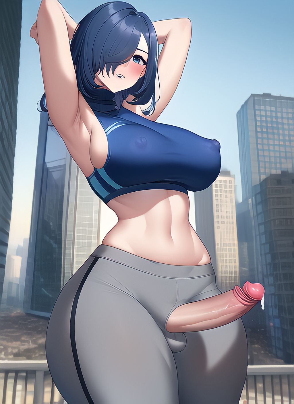 1futa ai_generated armpits arms_behind_head arms_up artist_request big_breasts big_penis blue_hair breasts city clothed clothing crop_top cum curvy dripping_cum erect_nipples erection futa_only futanari hair_over_one_eye hole_in_pants huge_hips light-skinned_futanari light_skin meta_runner midriff mostly_clothed nai_diffusion nipples_visible_through_clothing penis penis_out public_exposure solo sports_bra stable_diffusion standing tari_(smg4) tetra_ai thick_thighs toned_female torn_clothes wide_hips yoga_pants