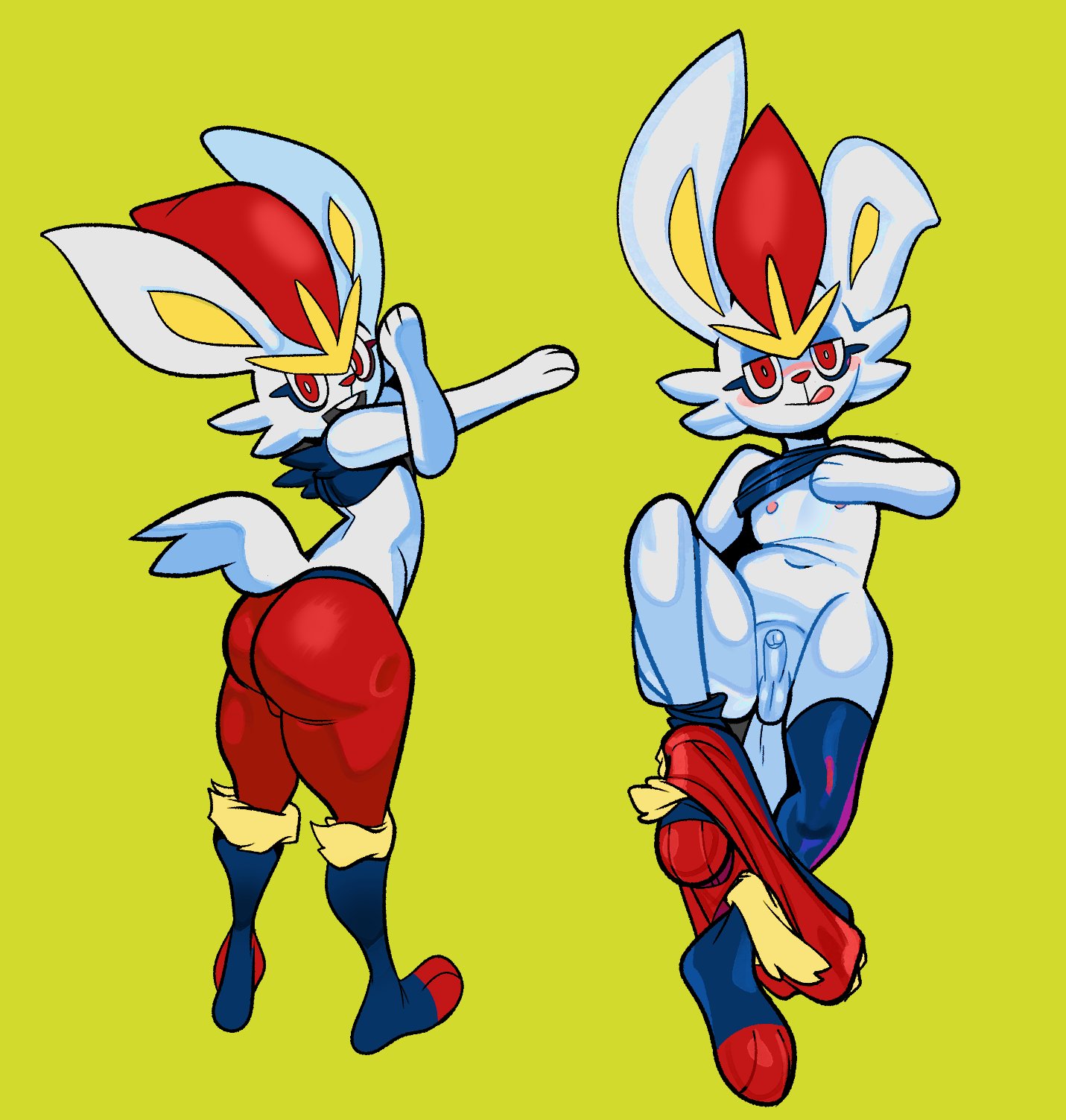 1boy, anthro, ass, balls, big ass, big butt, blush, bubble ass, bubble butt, cinderace, clothing, femboy, gay, girly, horny, lagomorph, licking lips, looking at viewer, male, male only, nipples, pants, pants down, penis, pokémon (species), pokemon, pokemon (species), rabbit, small balls, small penis, smile, solo, submarine screw, submissive male, undressing