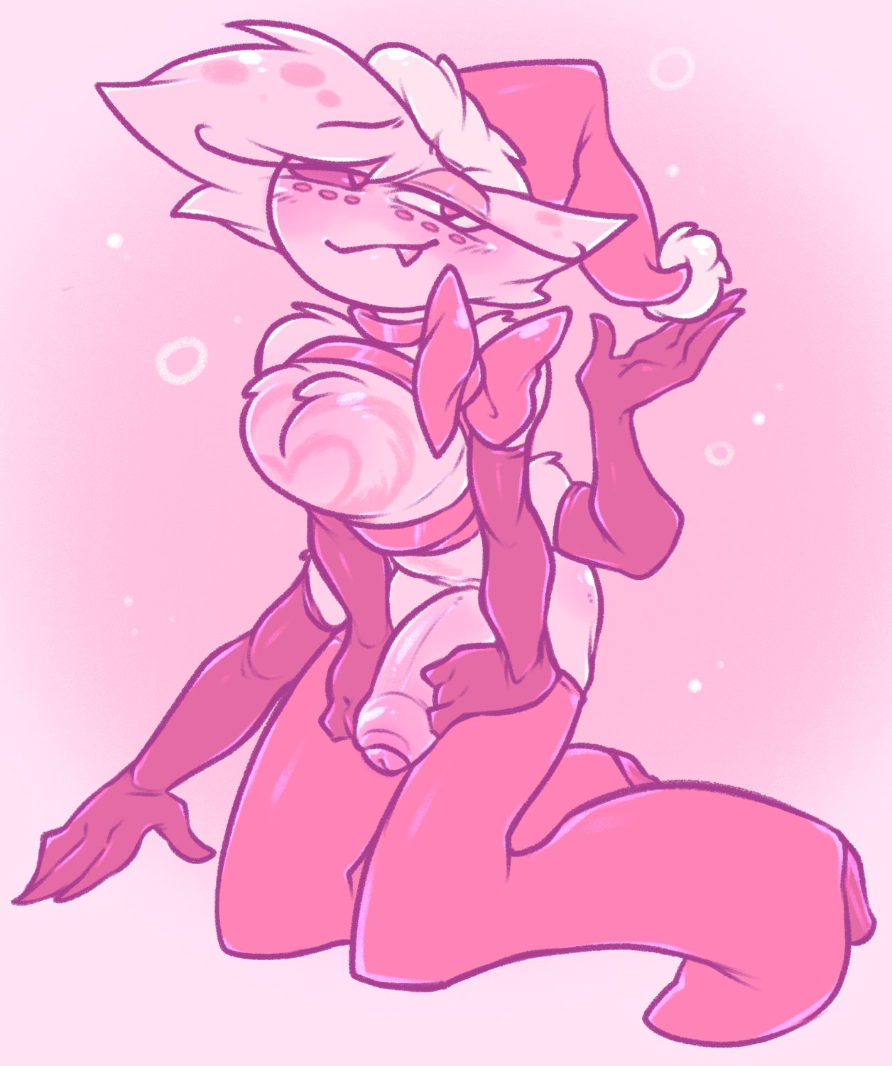 1boy, aipeco18, angel dust (hazbin hotel), arachnid, blush, chest tuft, christmas, demon, hazbin hotel, looking at viewer, male, monochrome, santa hat, solo, solo focus, solo male, spider, thighhighs
