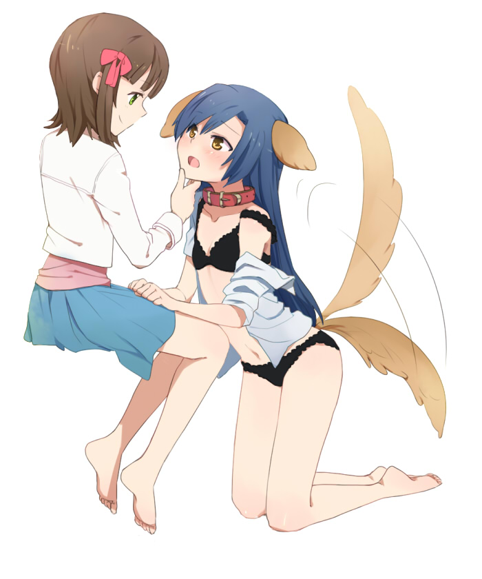 2girls amami_haruka black_bra black_lingerie black_panties blue_hair blue_skirt bra breasts brown_hair collar dog_ears dog_tail grabbing_another's_chin green_eyes hairbow hand_on_knee idolmaster idolmaster_(classic) kisaragi_chihaya kneeling lingerie long_hair midriff navel panties pet_play petplay pink_shirt shirt short_hair sitting skirt small_breasts sou_(tuhut) tail_wagging yellow_eyes yuri