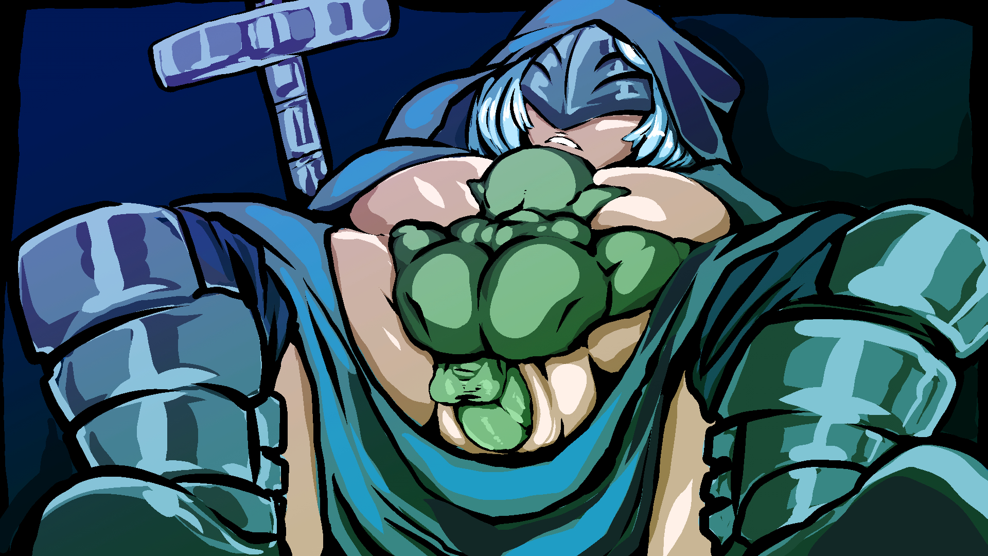 1boy, 1girls, almost naked, armor, armored boots, balls, barely clothed, big breasts, big penis, boots, breasts, busty, face between breasts, fantasy, female, goblin, goblin male, green skin, green-skinned male, hman, huge breasts, large breasts, legs apart, light skin, light-skinned female, male, mating press, nude, nude female, pale skin, pale-skinned female, penis, pussy, rape, size difference, smaller male, spread legs, vaginal penetration, vaginal sex, white hair