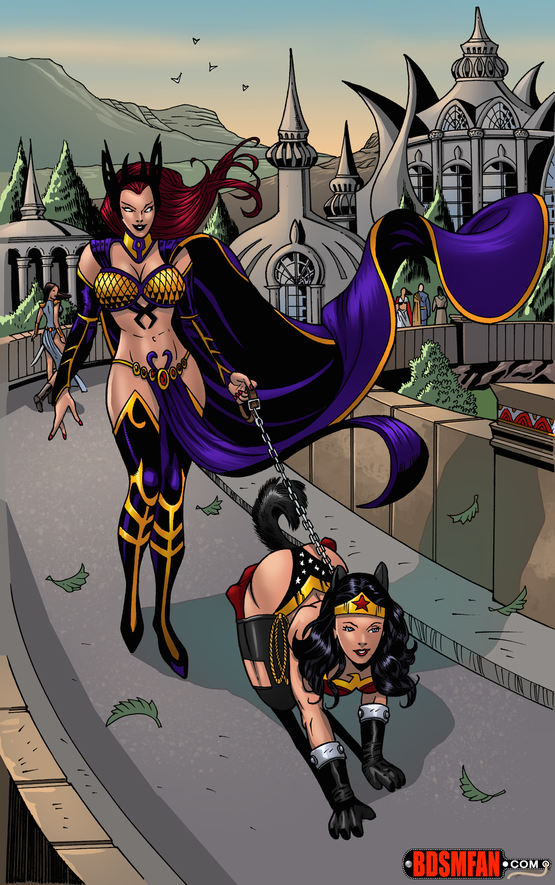 2girls, all fours, amazon, anal plug, artist request, bdsmfan.com, bitch taken for walk, black hair, bondage, bondage-fan-comics, bound, buttplug, buttplug tail, cape, circe (dc), collar, crawling, dc, dc comics, defeated, defeated heroine, defeated superheroine, degradation, dog collar, dominant female, enslaved, fake animal ears, female, female domination, female only, femdom, femsub, fetish wear, gloves, happy, happy sub, humiliation, leash, lezdom, light skin, light-skinned female, long hair, multiple females, multiple girls, on all fours, petplay, public humiliation, puppyplay, red hair, slave, superheroine, thighhigh boots, thighhighs, unknown artist, wonder woman, wonder woman (series)