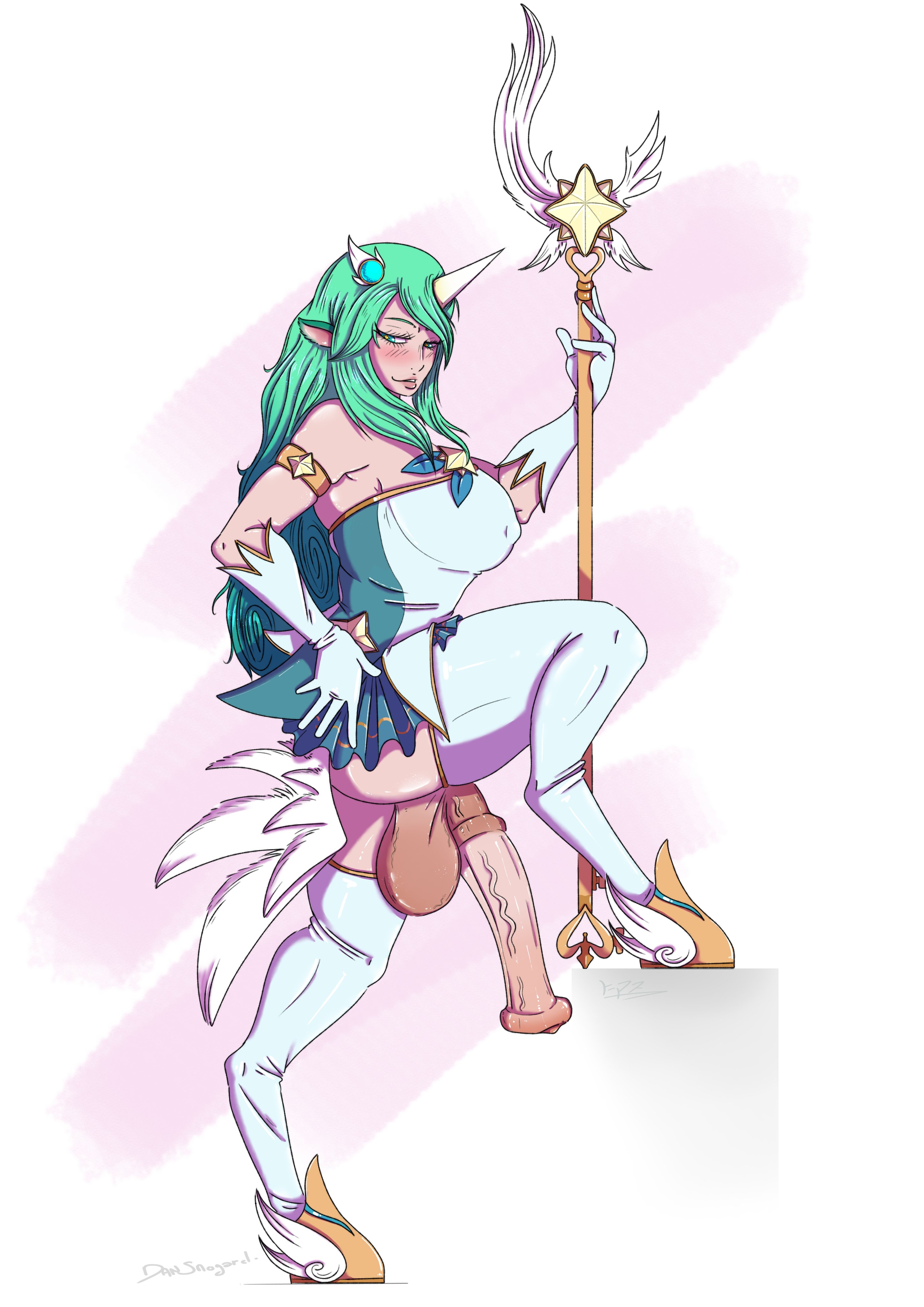 1futa, 2022, absurd res, animal genitalia on humanoid, balls, big balls, big breasts, bottomless, breasts, clothed, clothing, dansnogard, flaccid, flared penis, futa only, futanari, green hair, horn, horsecock, horsecock on humanoid, huge balls, huge cock, humanoid, intersex, league of legends, light skin, light-skinned futa, long hair, mostly clothed, penis, solo, soraka, star guardian series, star guardian soraka, stockings, thighhighs