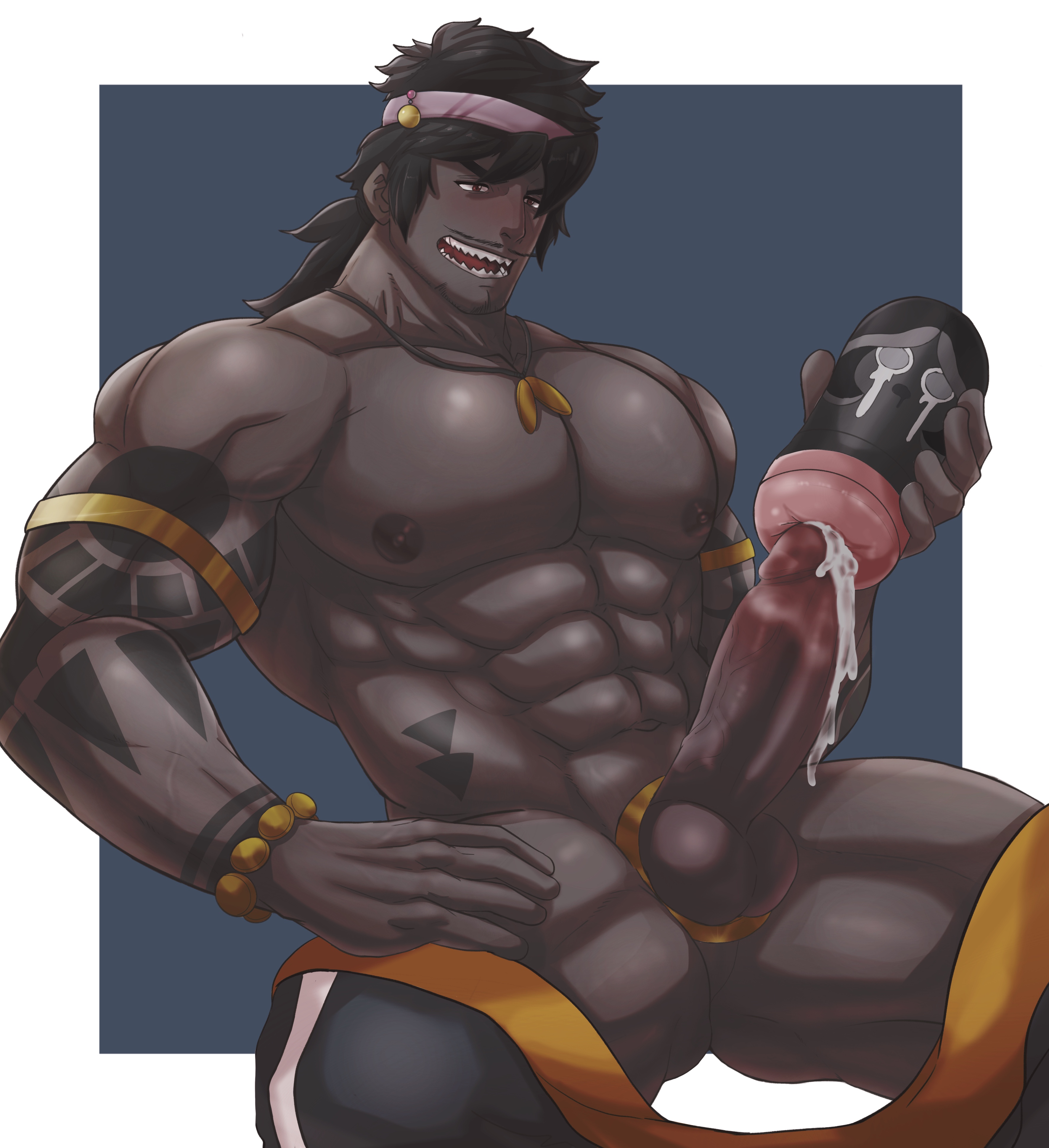balls, bara, captain caviar cookie, cookie run, cookie run kingdom, cum, male, male only, masturbation, penetrable sex toy, red eyes, solo, yaoi
