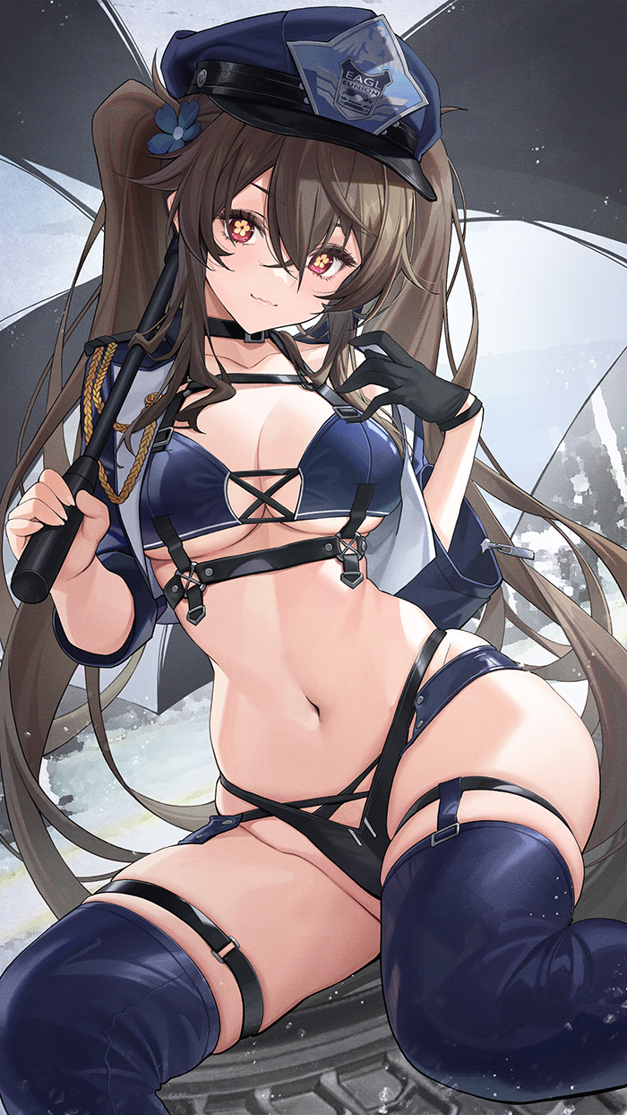 azur_lane baltimore_(azur_lane) baltimore_(finish_line_flagbearer)_(azur_lane) baltimore_(finish_line_flagbearer)_(azur_lane)_(cosplay) baton breasts catsmoon cleavage cosplay female female_only genshin_impact hu_tao_(genshin_impact) light-skinned_female light_skin medium_breasts navel panties police police_hat police_uniform policewoman smile thick_thighs thighhighs twintails