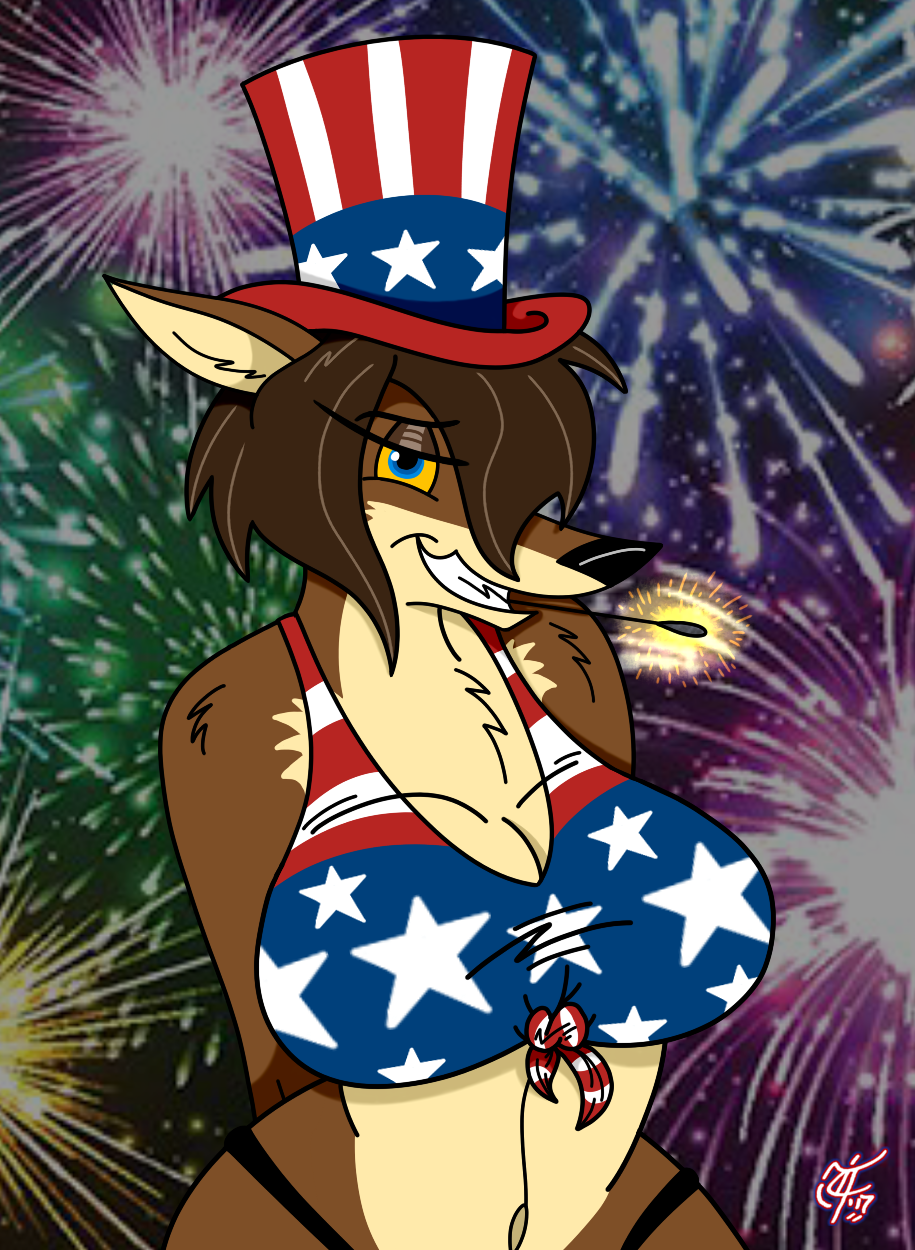 2017 anthro big_breasts blue_eyes breasts brown_body brown_fur canid canine canis clothed clothing digital_media_(artwork) female fur hair hi_res huge_breasts looking_at_viewer lucy_lupa mammal narrowed_eyes patriotism politics smile solo thick_thighs tongue unclescooter wolf yellow_sclera