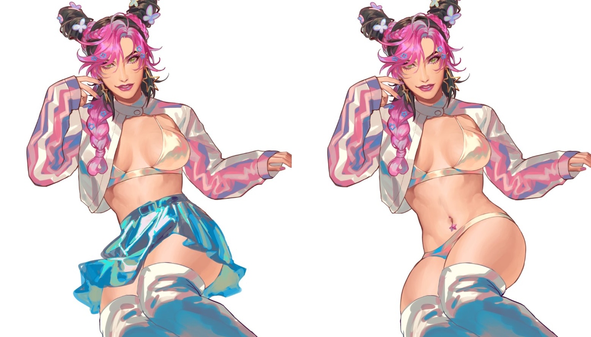 1girls, bra, cleavage, female, female only, head on hand, jojo's bizarre adventure, jolyne kujo, looking at viewer, midriff, panties, partially clothed, pink hair, shiny clothes, skirt, smirk, solo female, stone ocean, thigh boots, thighhighs, toned, toned female, undressing