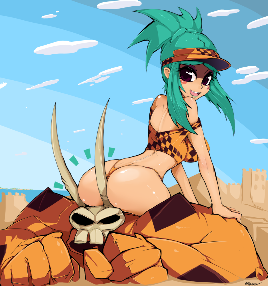 1girls adapted_costume alternate_hairstyle aqua_hair ass back beach bikini black_eyes blush_stickers breasts brown_eyes cerebella eyeshadow facial_mark female female_only green_hair hair hat hat_removed horns large_breasts lipstick living_clothes long_hair looking_back o-ring_bikini panties payot ponytail red_eyes sand sand_castle short_ponytail skullgirls slugbox smile solo swimsuit tan_skin teal_hair text thong tied_hair underwear vice-versa visor visor_cap watermark