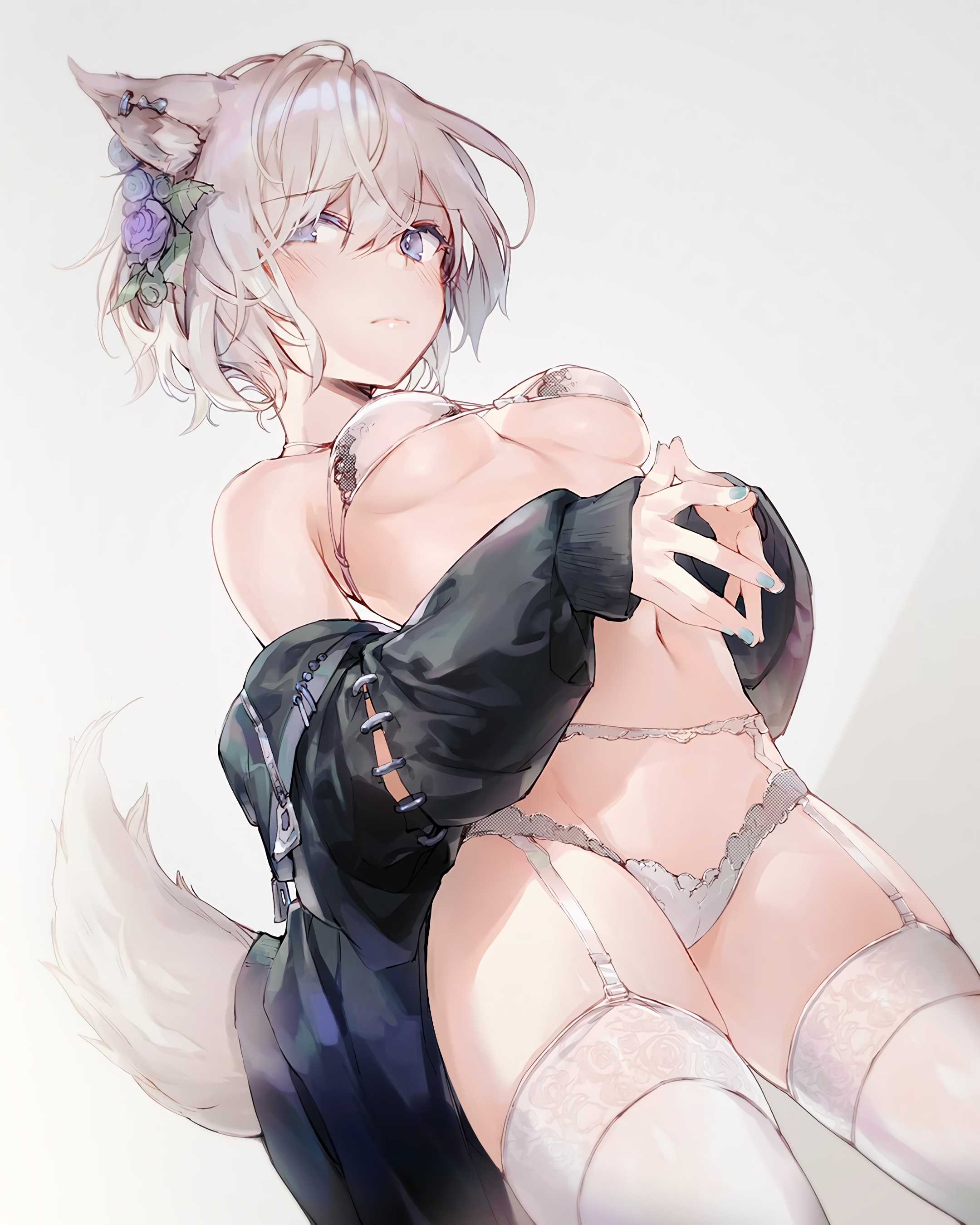 animal ears, bare shoulders, blue eyes, bra, breasts, female, fox girl, fox tail, garter belt, high resolution, kitsunemimi, lingerie, nail polish, navel, pantsu, short hair, silver hair, steepled fingers, tagme, tail, thighhighs, underwear, very high resolution, yatsuha (hachiyoh)