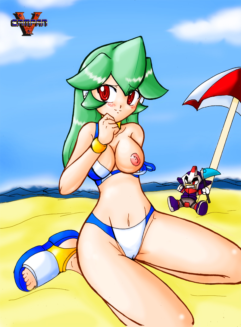 1girls beach bikini breasts cameltoe exposed_breasts green_hair long_hair mega_man mega_man_zx pandora_(mega_man) prometheus_(mega_man) red_eyes reploid robot robot_girl solo swimsuit vcampan wardrobe_malfunction