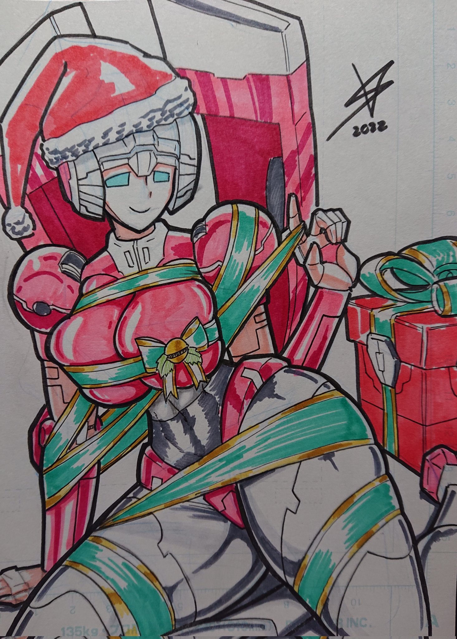 abs, arcee, arcee (g1), blue eyes, bound, breasts, bursting breasts, christmas, female, ribbons, santa hat, solo, thick thighs, traditional media (artwork), transformers, ventis2099 (artist)