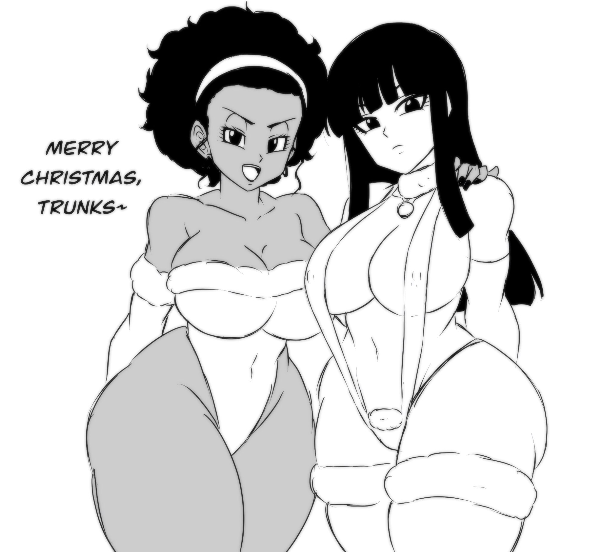 2girls, afro, arm gloves, ass, bangs, big ass, big breasts, black hair, breasts, bursting breasts, choker, christmas, cleavage, clothes, curvy, dark skin, dark-skinned female, darwaarts, dragon ball, dragon ball super, dragon ball super super hero, dragon ball z, english text, female, greyscale, hand on shoulder, headband, hourglass figure, leotard, light skin, light-skinned female, looking at viewer, mai (dragon ball), monochrome, navel, nipple bulge, nipples, open mouth, painted nails, practically nude, revealing clothes, rulah (dragon ball), sideboob, sidelocks, simple background, skindentation, sling bikini, thick thighs, thighhighs, white background