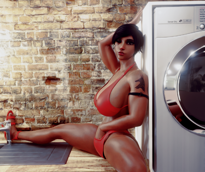 1girls 3d bikini bikini_bottom bikini_top dark-skinned_female dark_skin dustyboyo female female_only hand_in_panties laundry_room one_eye_closed overwatch pharah smile solo washing_machine