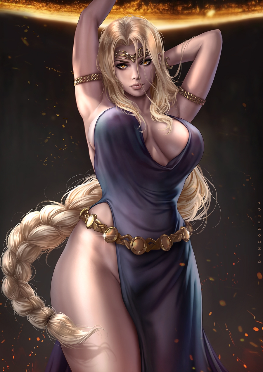 1girls armpits arms_behind_head arms_up big_breasts blonde_hair breasts child_bearing_hips crown dandon_fuga dress elden_ring fromsoftware goddess gold_eyes gold_jewelry headgear high_slit_dress inner_sideboob looking_at_viewer milf no_panties no_panties_under_dress ponytail queen_marika_the_eternal single_slit_dress slit_dress solo wide_hips