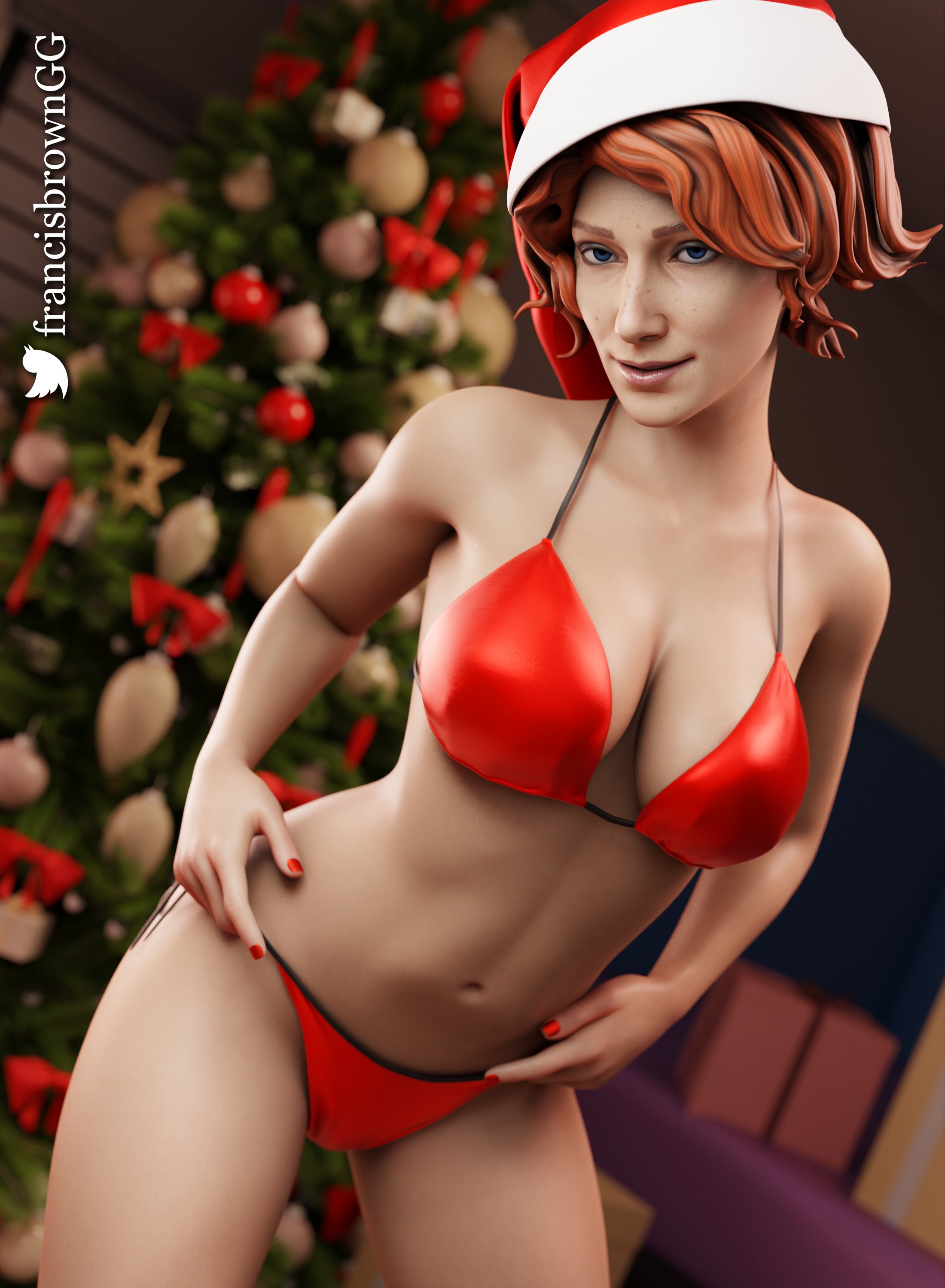3d, apex legends, ass, bed, bedroom, big ass, big breasts, blue eyes, breasts, christmas, christmas hat, christmas outfit, christmas tree, cleavage, female, francis brown, horizon (apex legends), light skin, light-skinned female, mature female, milf, pale skin, pale-skinned female, red hair, solo