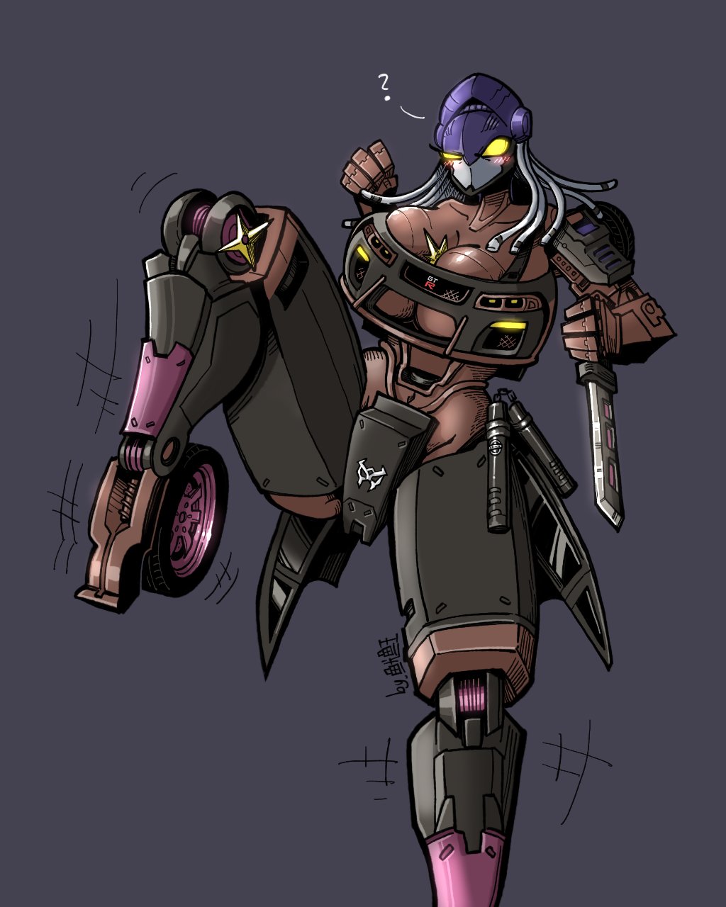 artist_request big_breasts blush breasts brown_skin bursting_breasts covered_breasts dreadlocks enormous_breasts female grey_hair leg_up mask massive_breasts navel nightbird nightbird_(transformers) nissan robot_girl squidking terrorcon thick_thighs transformers transformers_rise_of_the_beasts yellow_eyes