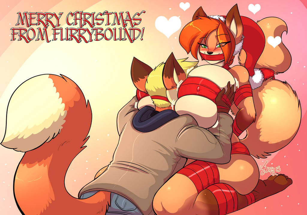 1boy 1girls anthro beige_fur blonde_hair blush breast_smother breasts breasts_bigger_than_head christmas clothed_male_nude_female face_between_breasts female femsub fox furry furrybound happy_sub heart huge_breasts kneeling male nipple_bulge nude orange_fur orange_hair ribbon ribbon_bondage santa_hat scarlett_(furrybound) scarlett_vixen smile smothering tail