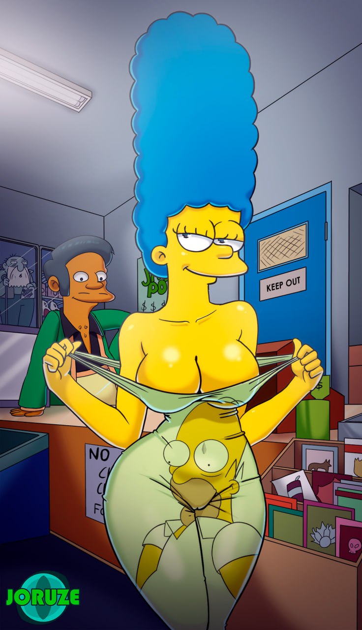 1girls 2boys apu_nahasapeemapetilon big_breasts blue_hair breasts cameltoe cleavage female indian_male jasper_beardly joruze large_breasts looking_at_another male marge_simpson the_simpsons undressing_self