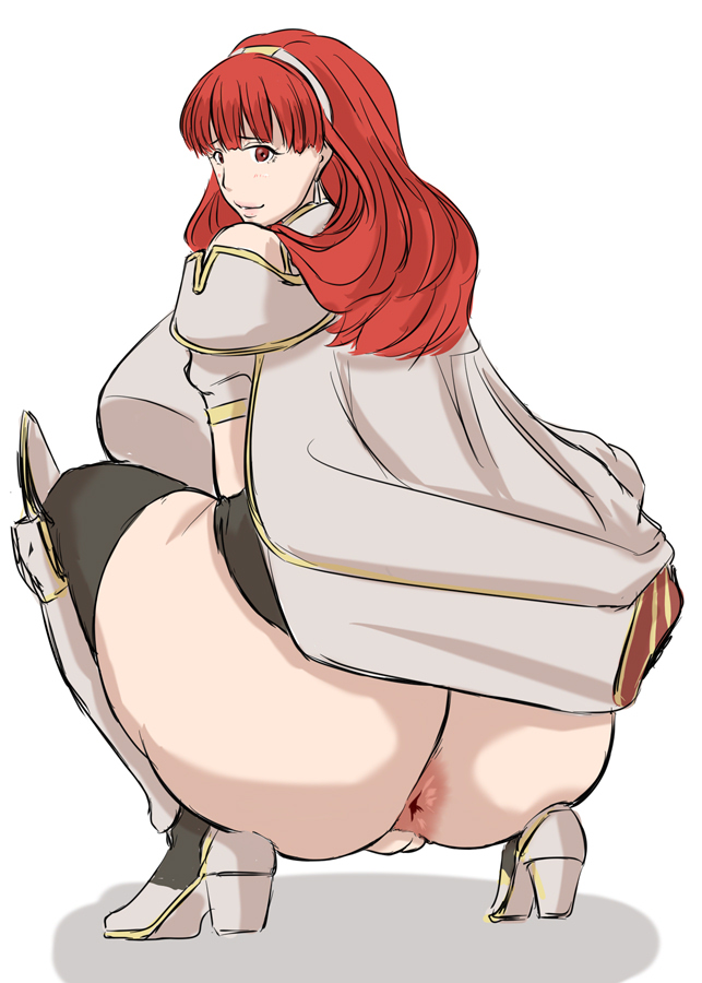 1girls anus aokuro ass bangs breasts celica_(fire_emblem) earrings female female_only fire_emblem fire_emblem_echoes:_shadows_of_valentia high_heels huge_ass huge_breasts looking_at_viewer looking_back medium_hair nintendo no_panties open_mouth orange_eyes orange_hair pussy smile solo squatting thighhighs