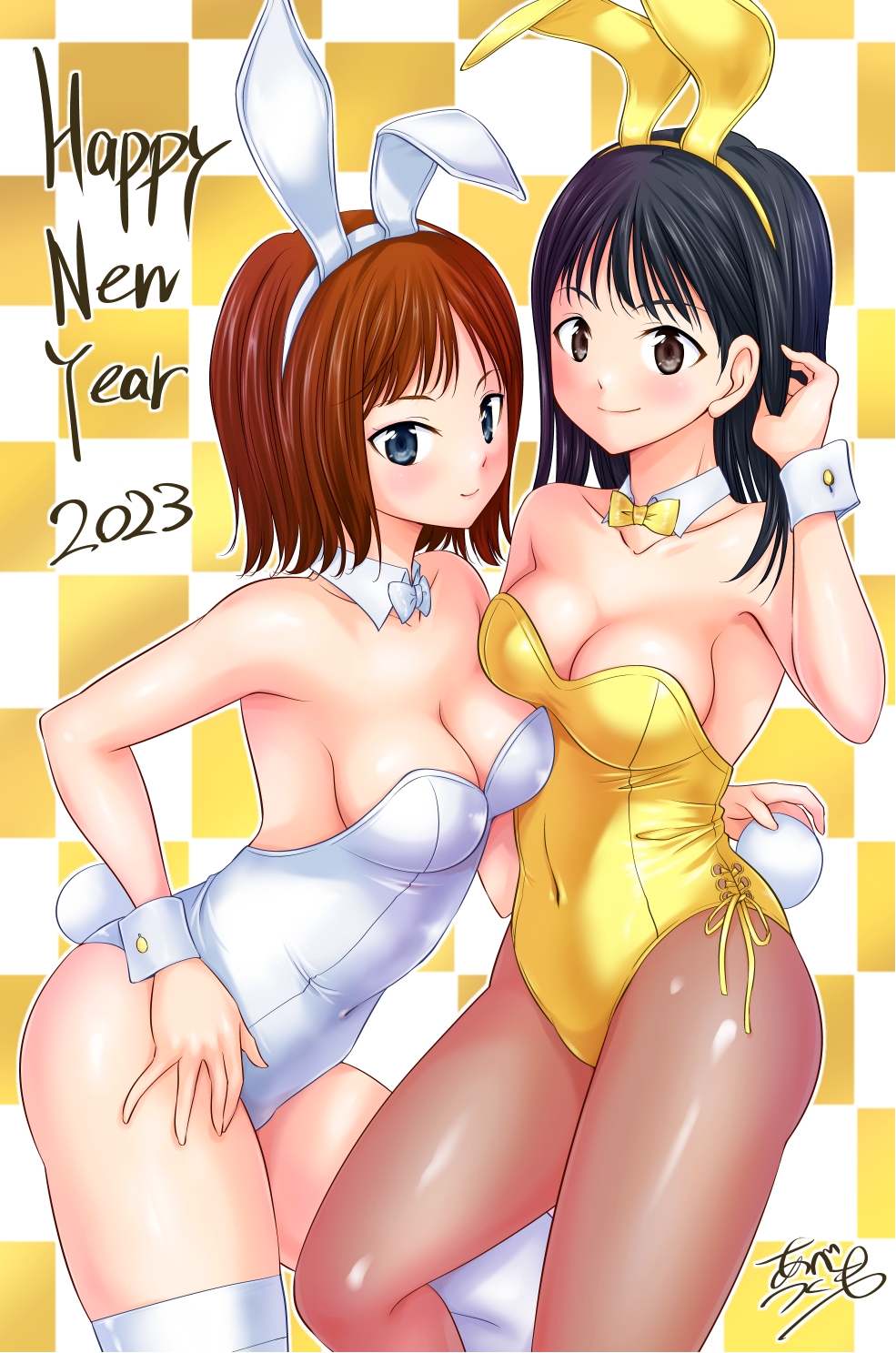 2girls abe_tsukumo alluring amber_eyes avataro_sentai_donbrothers black_hair blue_eyes brown_hair bunny_ears_headband bunny_outfit female female_only haruka_kito playboy_bunny sononi sononi_(donbrothers) super_sentai