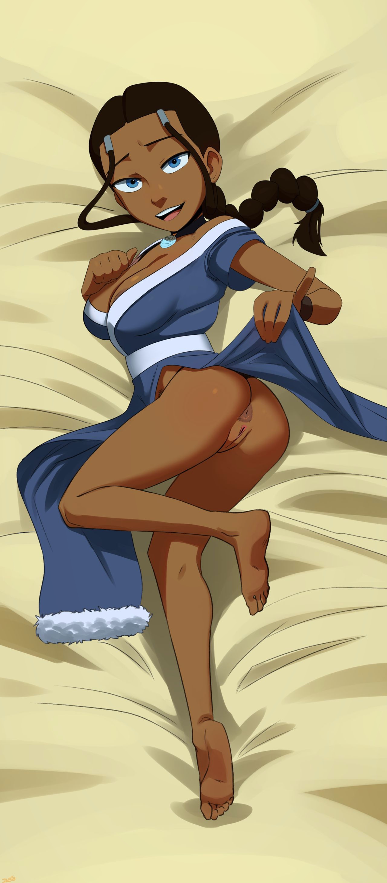 1girls, anus, areola slip, avatar the last airbender, bed, big areola, big nipples, bottomless, bottomless skirt, breasts, clothing, dark nipples, female, female only, human, katara, large breasts, nipple slip, no panties, pussy, solo, tagme, thehumancopier, upskirt, water tribe