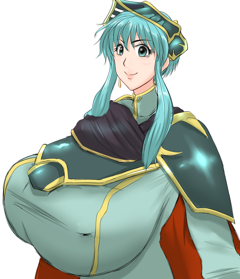 1girls alternate_costume alternate_hairstyle aokuro blue_eyes blue_hair breasts cape covered_nipples earrings eirika_(fire_emblem) eirika_(pledged_restorer)_(fire_emblem) female female_only fire_emblem fire_emblem:_the_sacred_stones fire_emblem_heroes gigantic_breasts looking_at_viewer nintendo official_alternate_costume short_hair smile solo upper_body