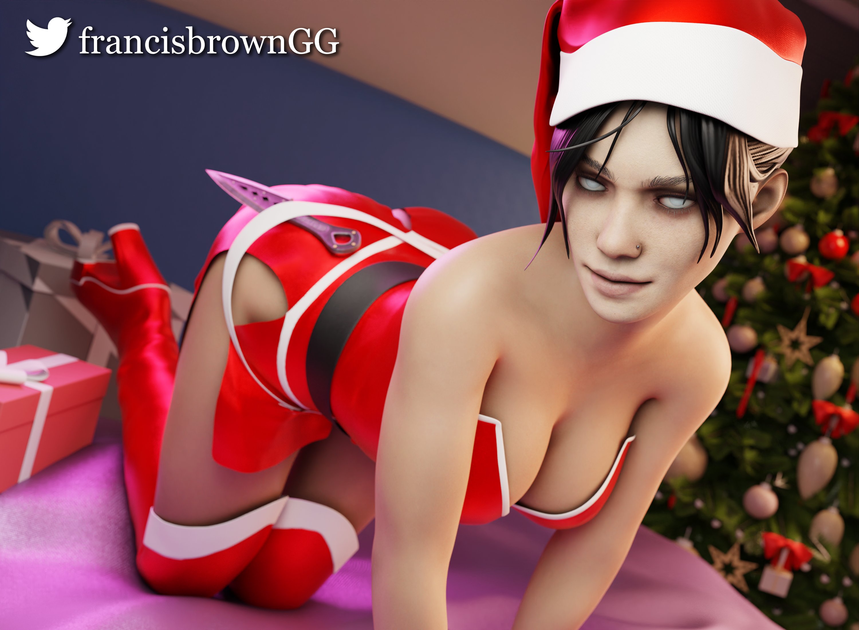 3d, apex legends, ass, bed, bedroom, big ass, big breasts, black hair, breasts, christmas, christmas hat, christmas outfit, christmas tree, cleavage, female, francis brown, light skin, light-skinned female, pale skin, pale-skinned female, solo, wraith (apex legends)