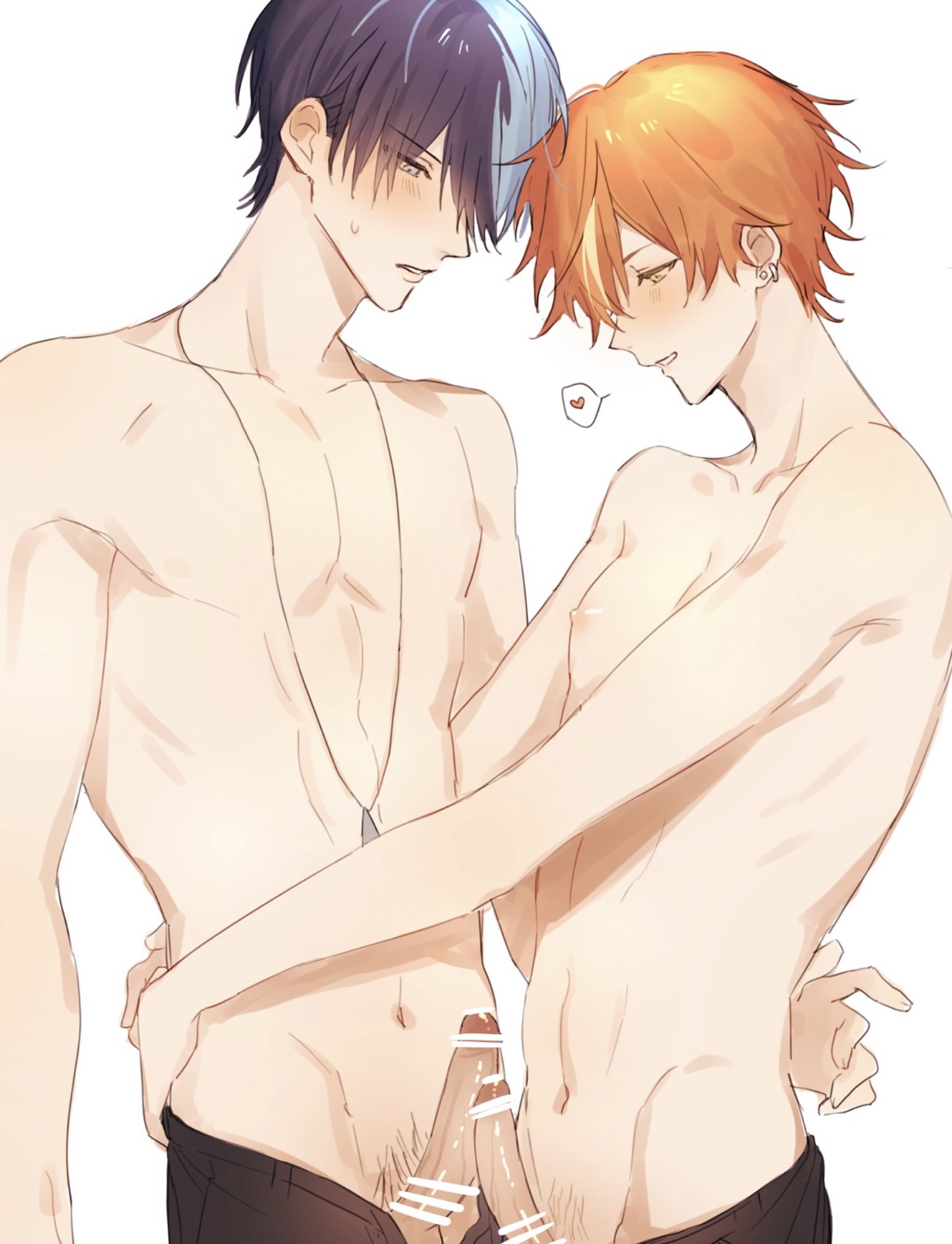 2boys, aoyagi touya, bar censor, bishonen, censored, gay, large penis, male, male only, male/male, penis, penis size difference, penises touching, project sekai, shinonome akito, size comparison, size difference, small penis, teasing, yaoi