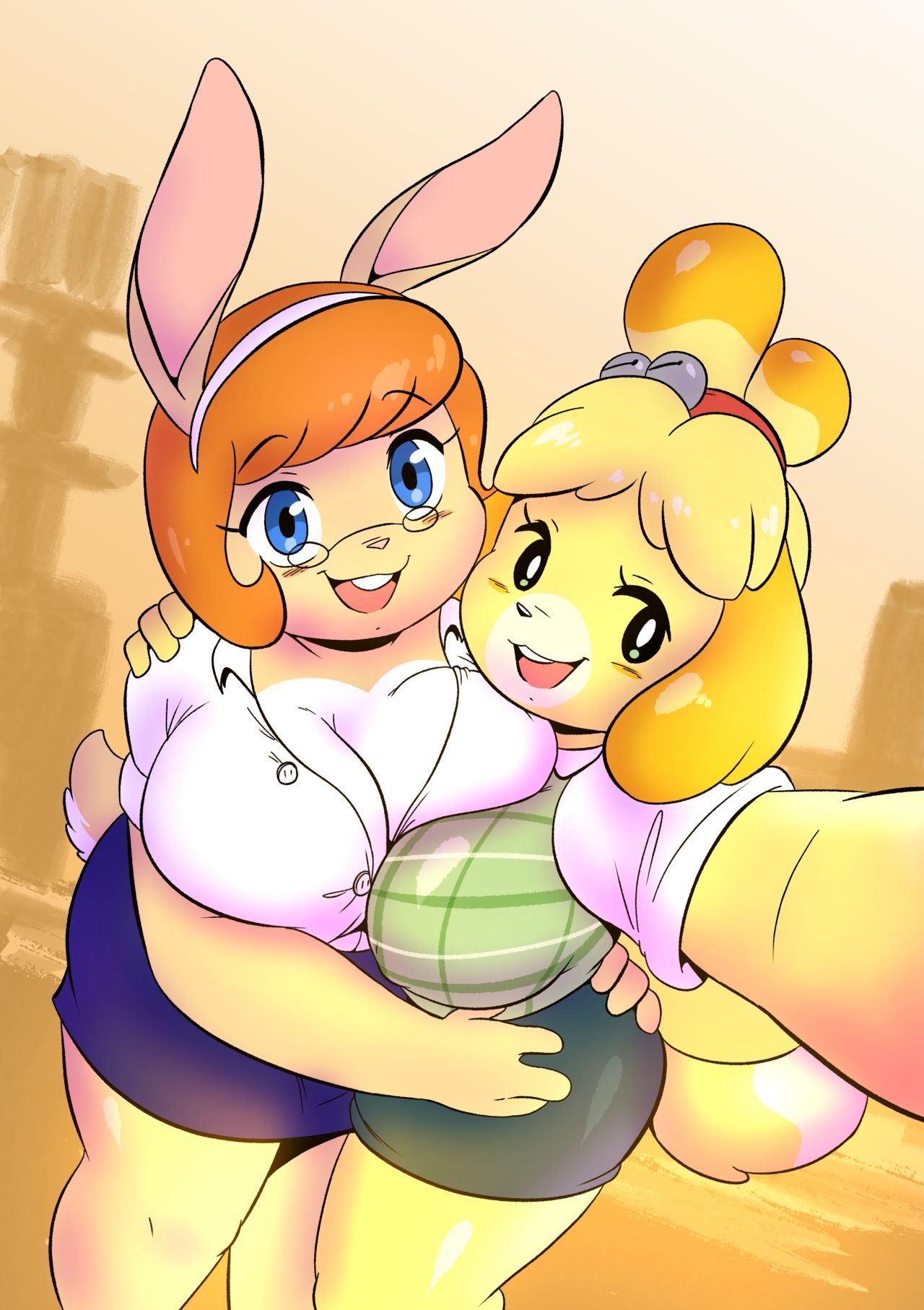 2d, animal crossing, anthro, breasts, chubby, cleavage, female, huge breasts, isabelle (animal crossing), joaoppereiraus, nintendo, office lady, original character, source request, uniform, year request, yuri