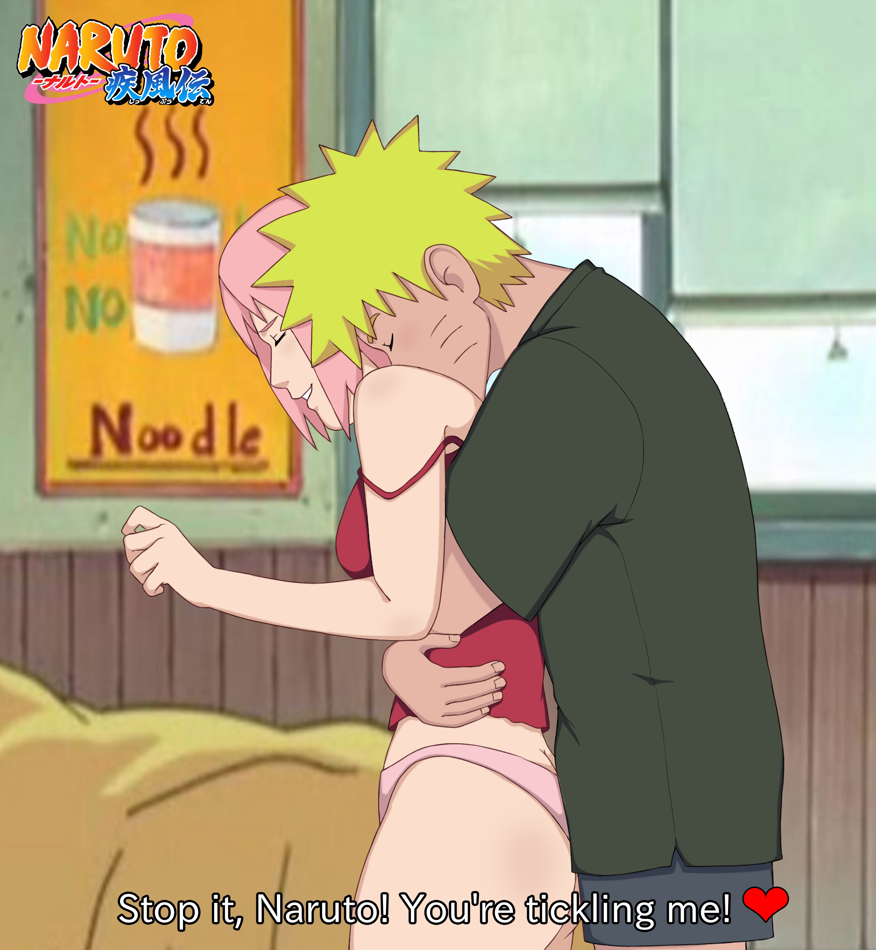 1boy, 1girls, ass, before sex, big ass, blonde hair, blush, boxers, couple, english text, female, foreplay, hug, human, jack .mery, kissing, kissing neck, male, naruto, naruto (series), naruto shippuden, panties, pink hair, romantic, room, sakura haruno, smile, text, uzumaki naruto
