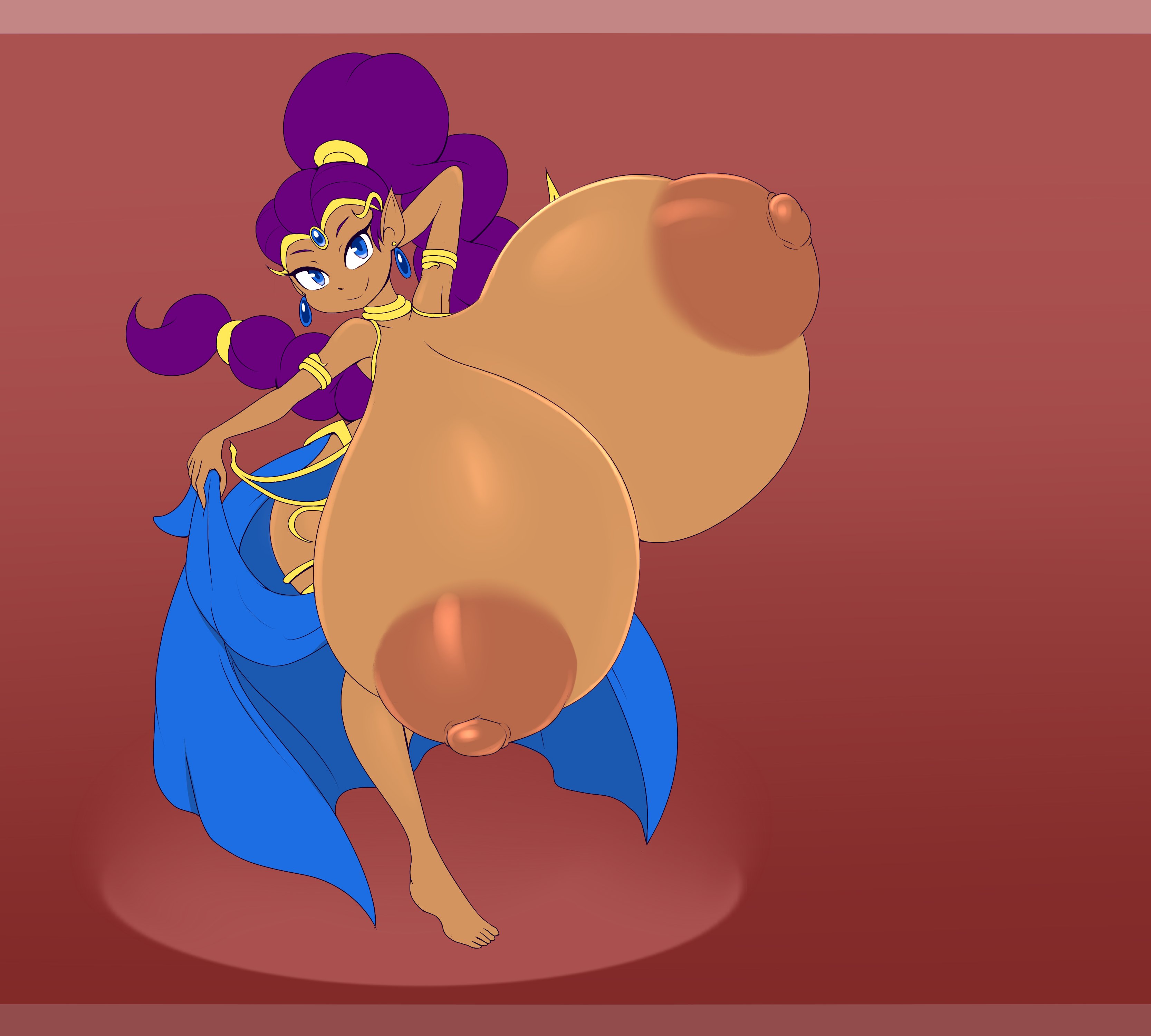 1girls, big breasts, blue eyes, breast expansion, breast growth, breast growth (enlargement), breasts, breasts bigger than head, dancer outfit, dancer shantae, female, female only, huge breasts, hyper, hyper breasts, large breasts, metachoke, purple hair, shantae, shantae (character), smooth skin, solo, tagme