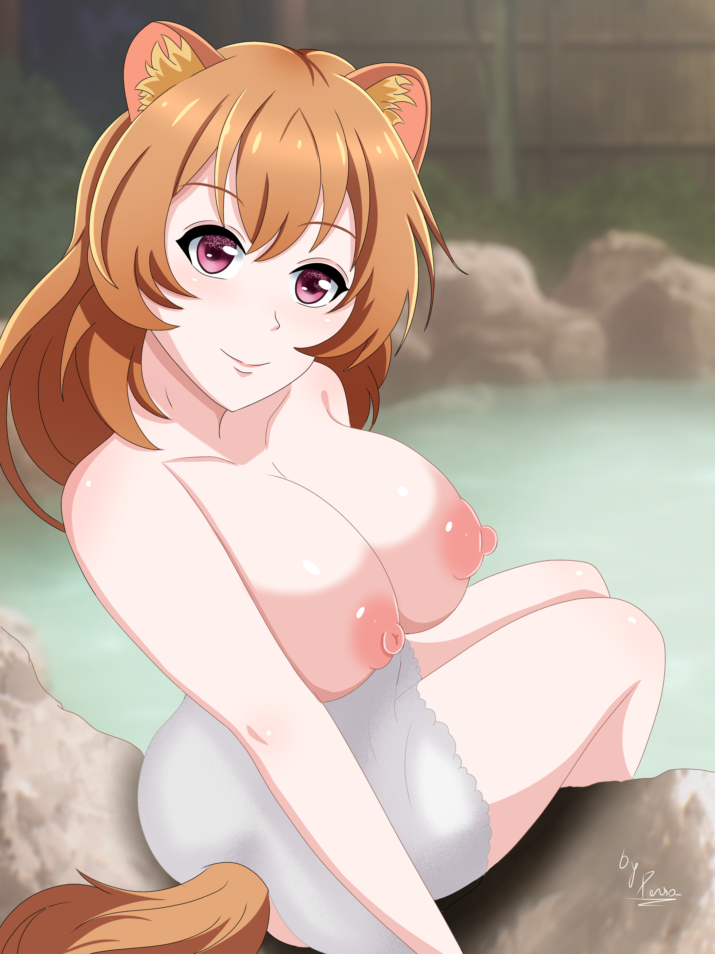1girls, big breasts, breasts, brown hair, crishdemons, female, nude, onsen, racoon ears, racoon girl, racoon tail, raphtalia, red eyes, solo, tagme, tail, tate no yuusha no nariagari, towel, towel around waist