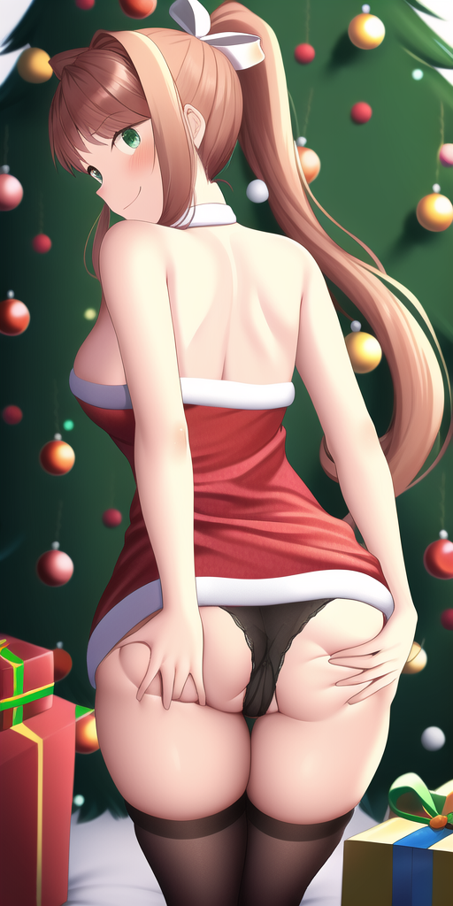 1girls ai_generated ass back black_panties black_thighhighs blush cameltoe christmas_dress christmas_ornaments christmas_tree doki_doki_literature_club grabbing_own_ass green_eyes looking_back medium_breasts monika_(doki_doki_literature_club) nai_diffusion panties ponytail smile stable_diffusion thighhighs white_ribbon