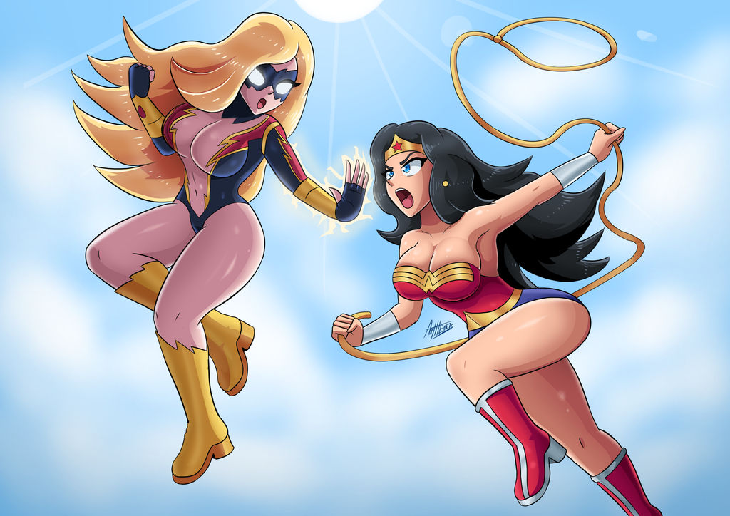 2girls artist_signature ax3lbravo axlhearts big_breasts black_hair blonde_female blonde_hair blue_eyes boots canon_genderswap catfight cleavage cleavage_cutout dc dc_comics electricity eye_mask female female_only fight large_breasts lasso_of_truth multiple_girls rule_63 shocking_suzi superheroine wonder_woman wonder_woman_(series)