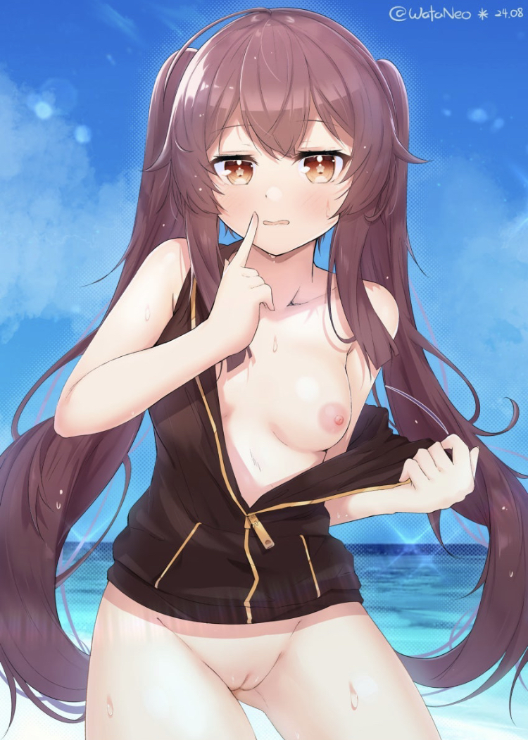 brown eyes, brown hair, female, genshin impact, hoyoverse, hu tao (genshin impact), mihoyo, no bra, no panties, sweater, tagme