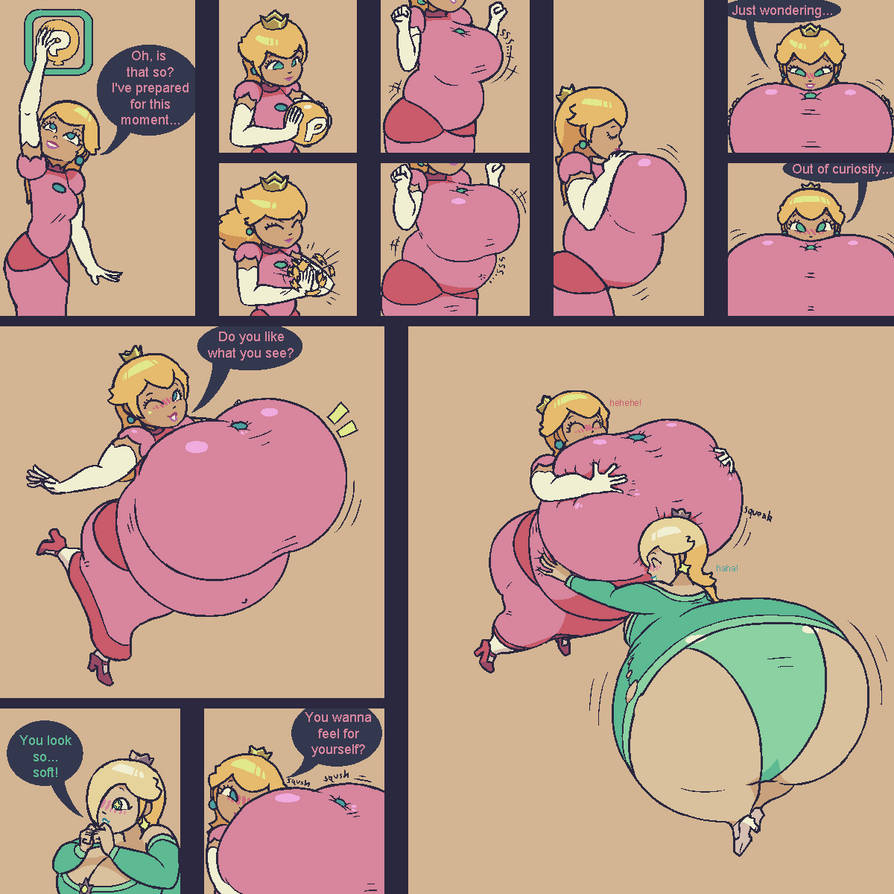 2girls ass ass_expansion belly belly_inflation bo-the-sno breast_expansion breasts comic dialogue duo english_text female female_only huge_ass huge_breasts inflation mario_(series) nintendo p-balloon princess_peach princess_rosalina super_mario_bros. super_mario_world yuri