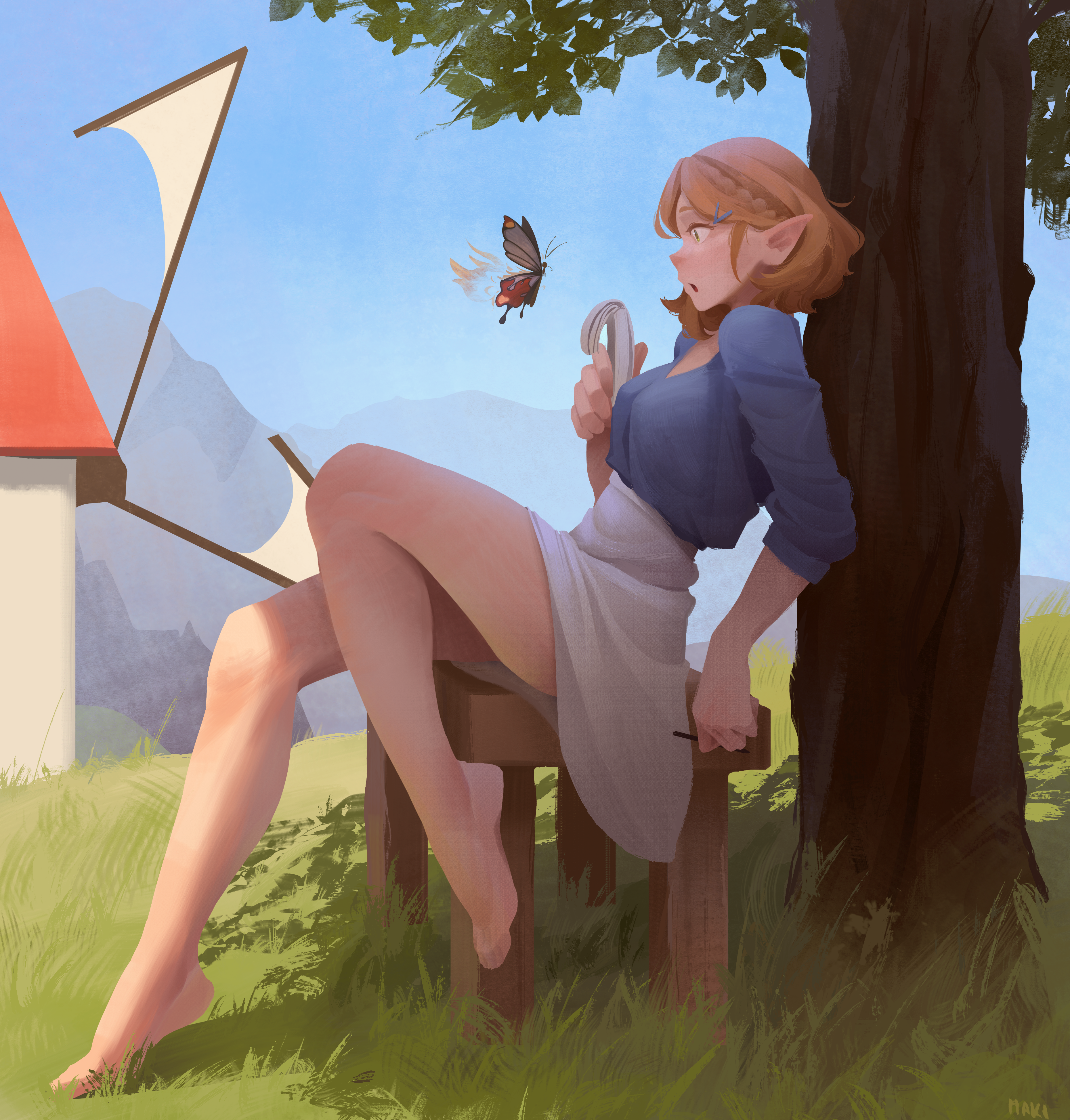 1girls, barefoot, blonde, blonde hair, breath of the wild, feet, female, female only, human, hylian, makinoatorie, pointy ears, princess zelda, shocked, shocked expression, sitting, sitting on chair, skirt up, solo, surprised, surprised expression, tears of the kingdom, the legend of zelda, zelda (tears of the kingdom)