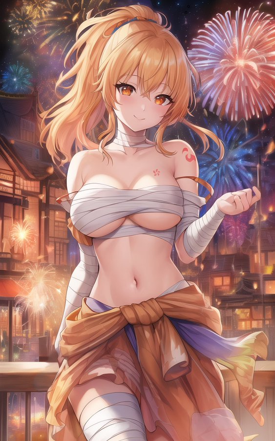 ai generated, anthro, blonde hair, breasts, clothing, eyelashes, female, female focus, female only, genshin impact, hair, human, japanese clothes, legwear, light skin, light-skinned female, looking at viewer, outside, pubic hair, rear view, smile, solo, solo focus, standing, tagme, thighs, underboob, underwear, undressing, upper body, video games, yellow hair, yoimiya (genshin impact), young