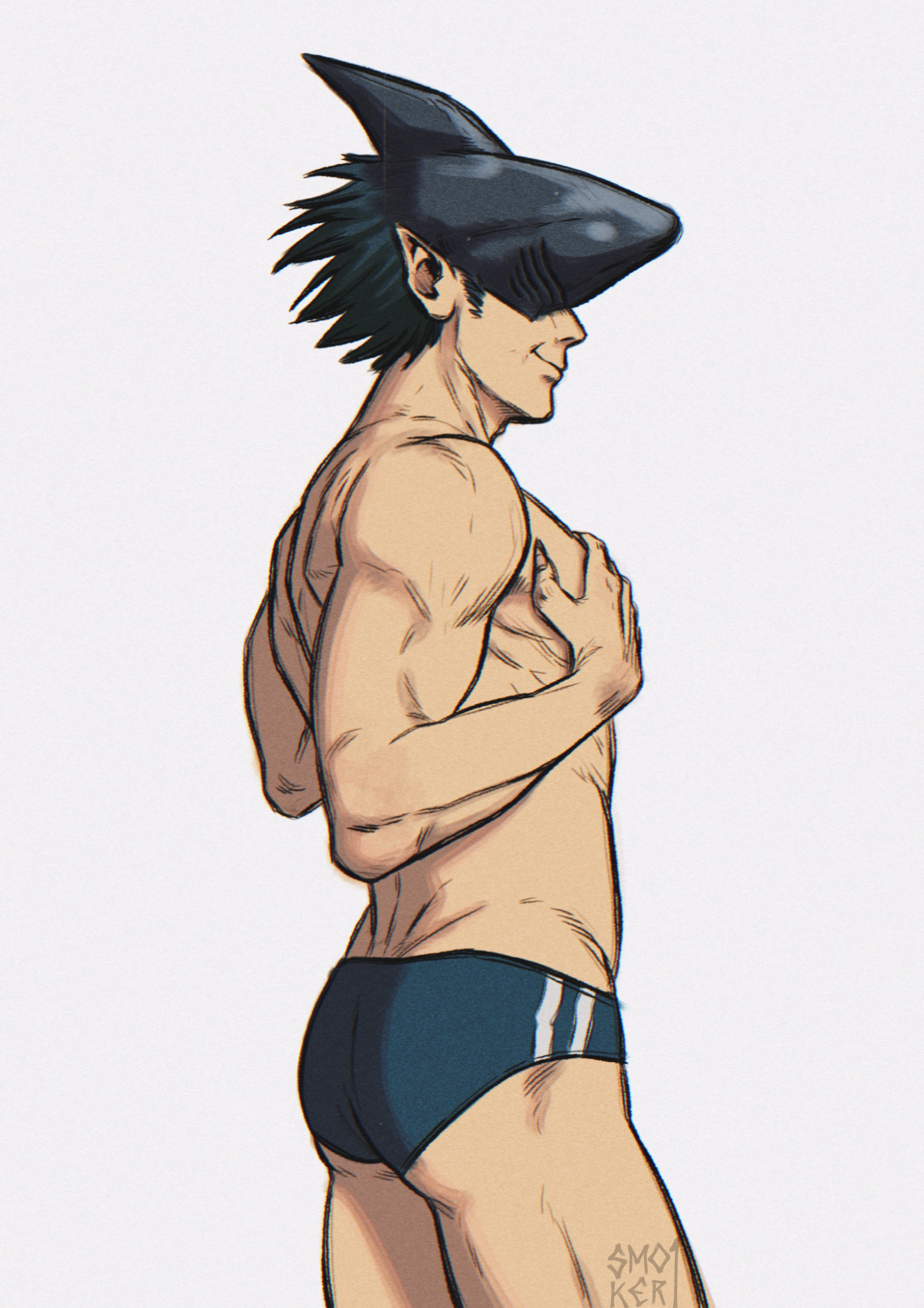 ass, beam (chainsaw man), bulge, chainsaw man, male, male only, muscular, muscular male, no visible genitalia, smokerichi, smokerichiart, speedo