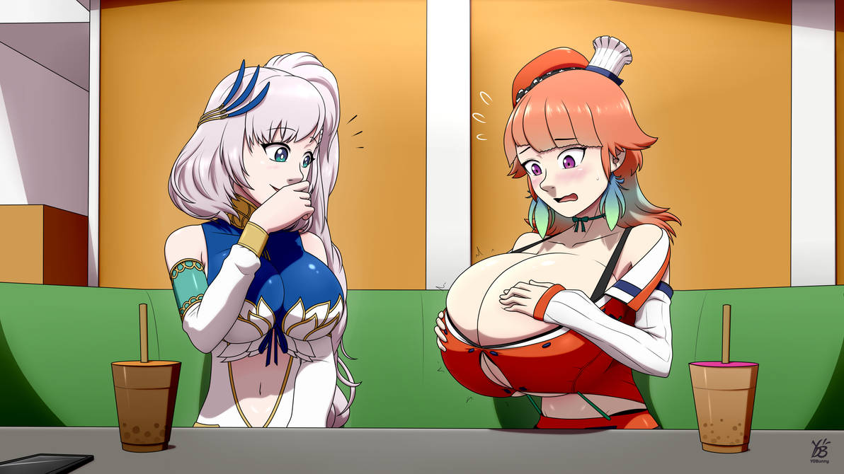 2girls, armwear, beret, breast expansion, breast growth, breast growth (enlargement), breasts, chef hat, cleavage, detached sleeves, feather hair ornament, feathers, female, female only, hat, hololive, hololive english, hololive indonesia, hololive indonesia holoro, hololive myth, huge breasts, microskirt, midriff, multiple hats, navel, orange hat, orange shirt, orange skirt, pavolia reine, red beret, red hat, shirt, skirt, source request, stomach, takanashi kiara, takanashi kiara (1st costume), vest, virtual youtuber, white armwear, ydbunny