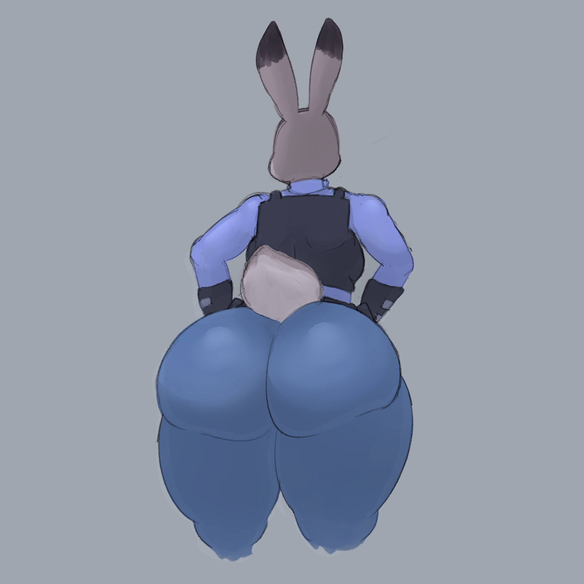 1girls, anthro, ass, back view, big ass, big butt, bubble ass, bubble butt, bunny, clothing, colored sketch, female, furry, gloves, hands on hips, judy hopps, lagomorph, pants, police uniform, solo, spudds , thick ass, thick thighs, vest, zootopia