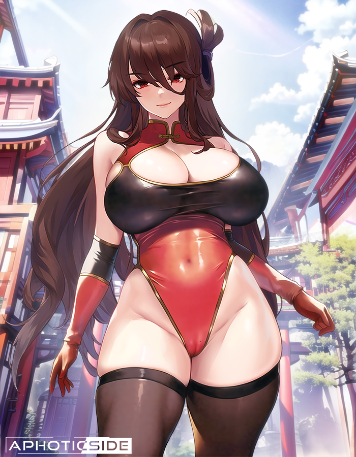 1girls, ai generated, azto dio, beidou (genshin impact), breasts, brown hair, cameltoe, cleavage, female, genshin impact, highleg leotard, hips, huge breasts, leotard, light skin, light-skinned female, long hair, looking at viewer, pussy, red eyes, thick thighs, thighhighs, thighs, wide hips