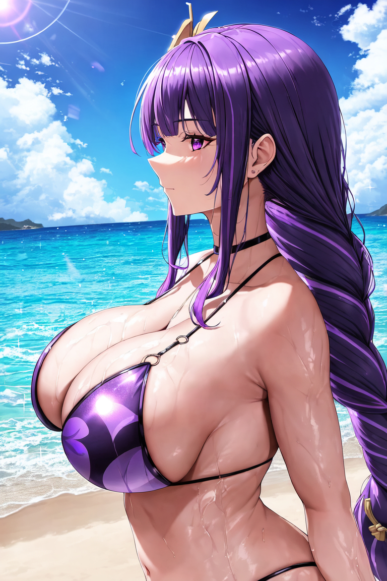 1girls, ai generated, beach, bikini, bikini top, braid, breasts, busty, cleavage, female, female only, genshin impact, large breasts, mature female, milf, mommy, nai diffusion, ocean, purple eyes, purple hair, raiden shogun, sideboob, stable diffusion, wet, wet body