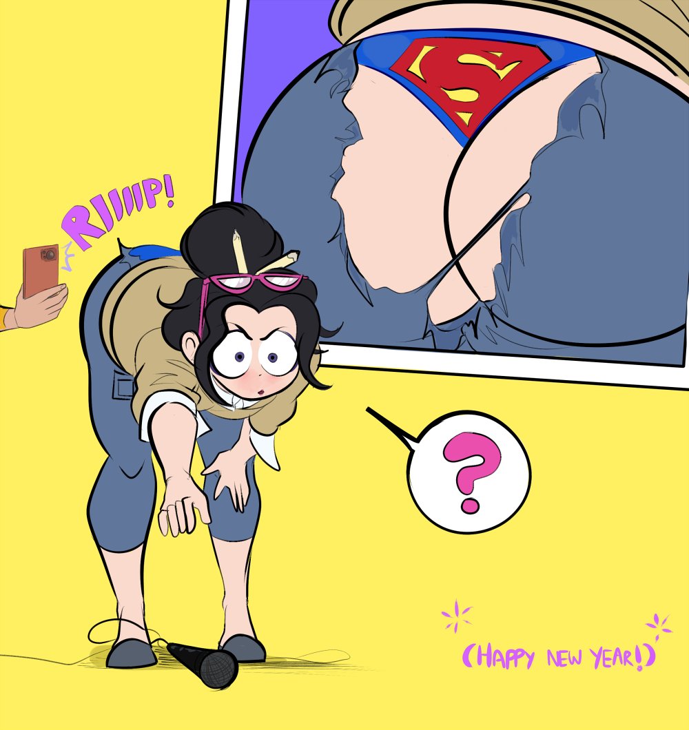 1girls 2022 accidental_exposure ass bent_over big_ass black_hair blue_eyes blush camera dc dc_comics dc_super_hero_girls embarrassed embarrassed_underwear_female euf exposed_ass exposed_panties facing_viewer female female_only flats full_body glasses_on_head happy_new_year lois_lane lois_lane_(shg) microphone new_year no_socks panties photographic_proof recording_embarrassing_event ripped_clothing simple_background smartphone solo spoken_? spoken_question_mark superman_panties surprised taking_picture tearing_open_bottoms thick_thighs thong torn_clothes torn_open_bottoms torn_pants vlado wardrobe_malfunction yellow_background