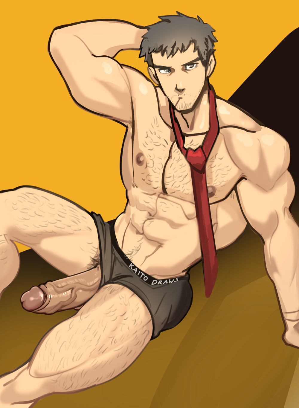 1boy 1male briefs cock dojima_ryotaro grey_eyes grey_hair grey_underwear hairy kaito_draws male male_only muscular muscular_male persona persona_4 red_tie showing_off showing_penis tie underwear