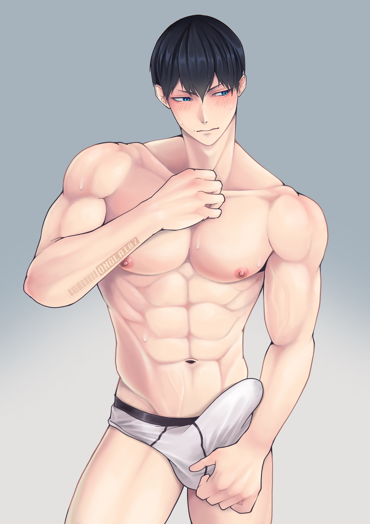abs, anime style, black hair, blue eyes, blush, blushing, digital art, digital drawing (artwork), digital media (artwork), erect penis, erection, erection under clothes, flustered, gay, haikyuu!!, light skin, light-skinned male, male, male focus, male nipples, male only, male solo, muscles, muscular, muscular male, nipples, onglai87, penis, solo, solo focus, solo male, sweat, tobio kageyama, underwear